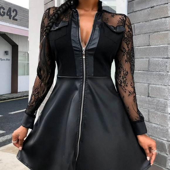 SOLD!!!Women's Sexy Zippered Leather & Lace Print Maxi, Mini Dress - Picture 3 of 5